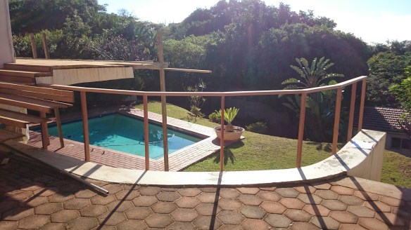 Wooden deck with wire rope balustrade